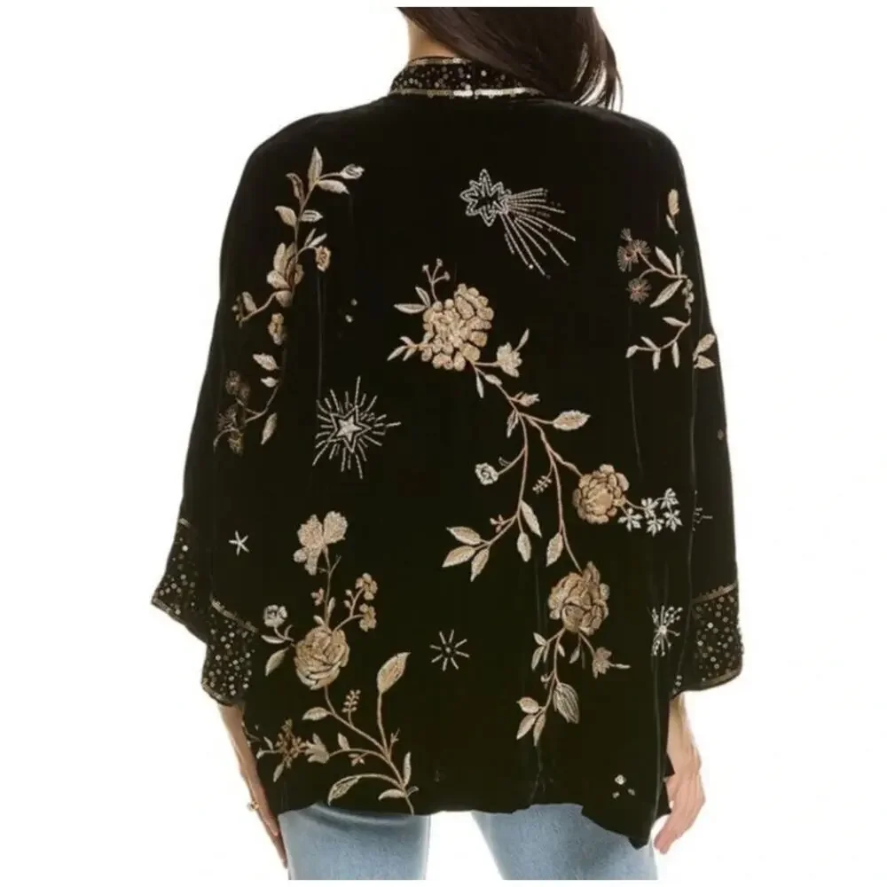 Johnny Was Ally Velvet Embroidered Sequins Kimono Black Gold Size Small